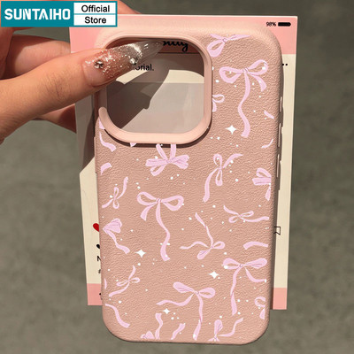 Suntaiho Thanh Lịch Và Lãng Mạn Nơ Màu Hồng Trang Trí Vỏ Điện Thoại Màu Hồng Silicon Mềm Chống Sốc Cho iPhone 11 12 13 14 15 16 Pro max IP 7 8 Plus Iphon X Xs XR Xs max