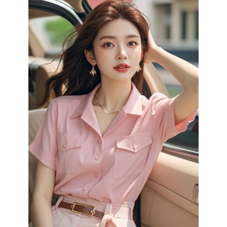 Áo sơ mi ngắn tay cổ polo màu hồng nhẹ nhàng phong cách Pháp cho phụ nữ, thời trang mùa hè, áo blouse