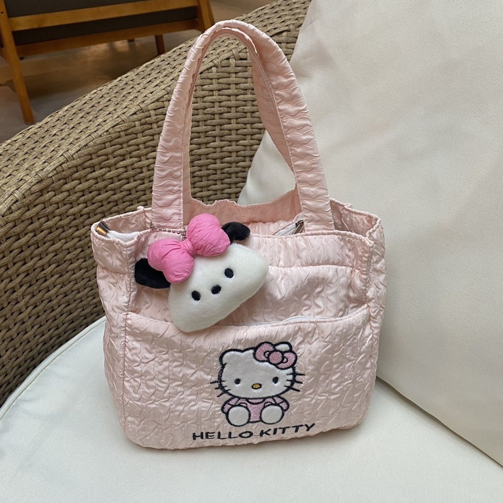 Túi xách in chữ hoạt hình HELLO KITTY dễ thương xếp ly mới của Hàn Quốc