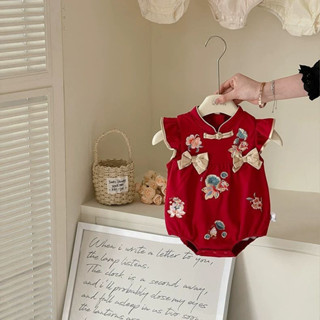 Quần áo bé gái mùa hè ~ Bộ áo liền quần thêu hoa nơ dễ thương cho bé gái phong cách quốc gia [#XYG1]