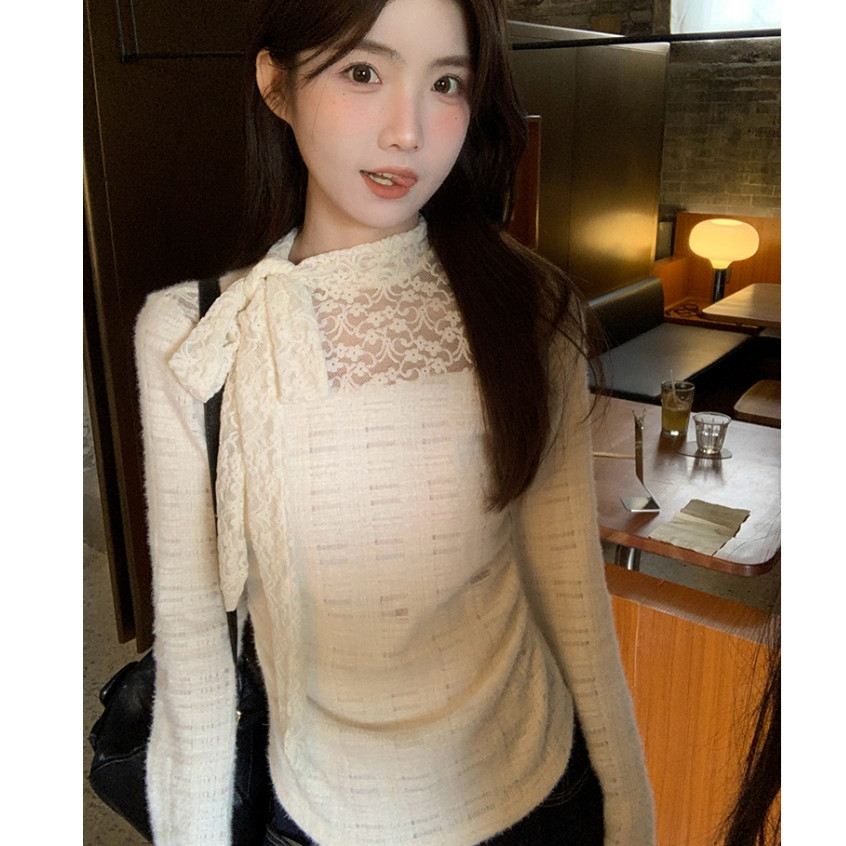 【W】Áo Thun Dài Tay Nữ Ren Bow tie straps Ôm body Thời trang Top khí chất | BigBuy360 - bigbuy360.vn