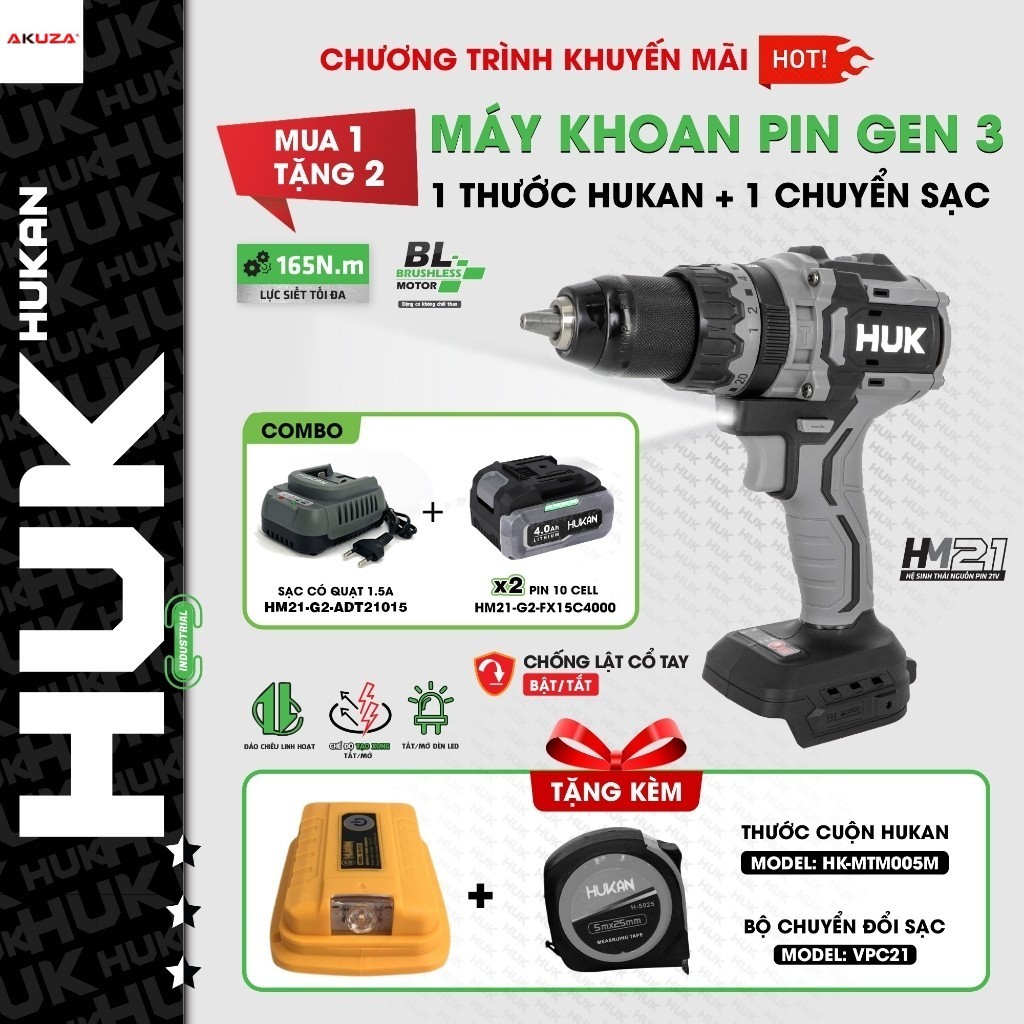 Máy khoan pin HUKAN G3-F165PRO, Động cơ Không chổi than, 165Nm Chống lật cổ tay, Tạo xung GIÁ SỈ