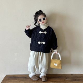 Áo bông khuy sừng cho bé gái trang phục thu đông áo khoác chần bông lót nhung cổ tròn trẻ em phong cách Tây Phong Cách Hàn Quốc Áo cardigan mùa đông