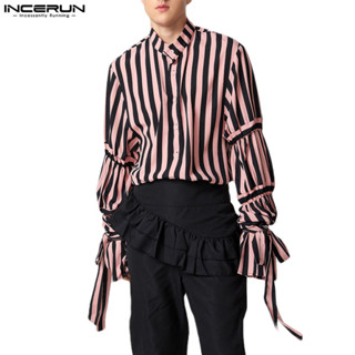 Incerun Nam Vintage Sọc Tay Phồng Thiết Kế Ruy Băng Áo Sơ Mi Tay Dài