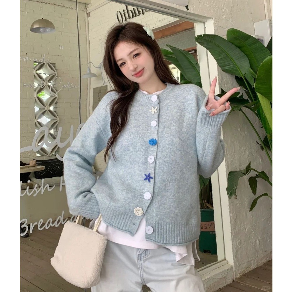 RICH-THEY Áo Cardigan Len Dệt Kim Nút Sao Biển Thời Trang Thu Đông Mới Dành Cho Nữ Sinh Viên