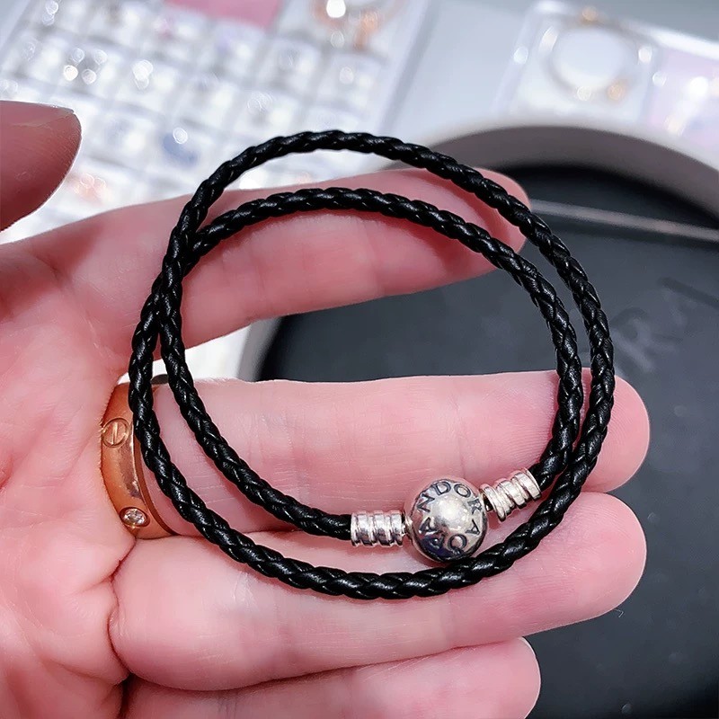 Hàng Mới Về Bạc 925 Đen Cá Tính Đơn Giản Da Đôi Pandora Vòng Tay Cặp Đôi Quà Tặng Ngày Lễ Hộp Quà Tặ
