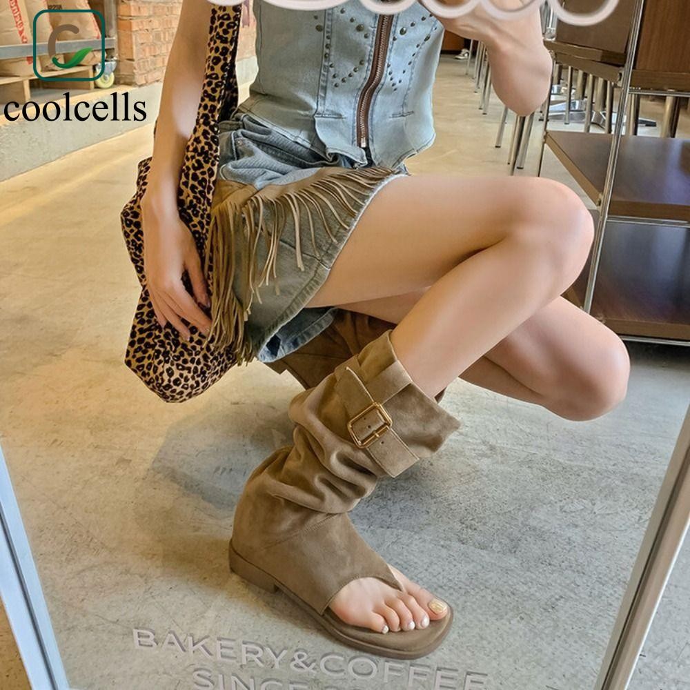 Xăng đan Nữ COOLCELLS, Giày Bốt Mũi Mở Gothic Thiết Kế, Khóa Thắt Lưng Y2k Da Lộn Đầu Gối Giày Booties Cao Cấp