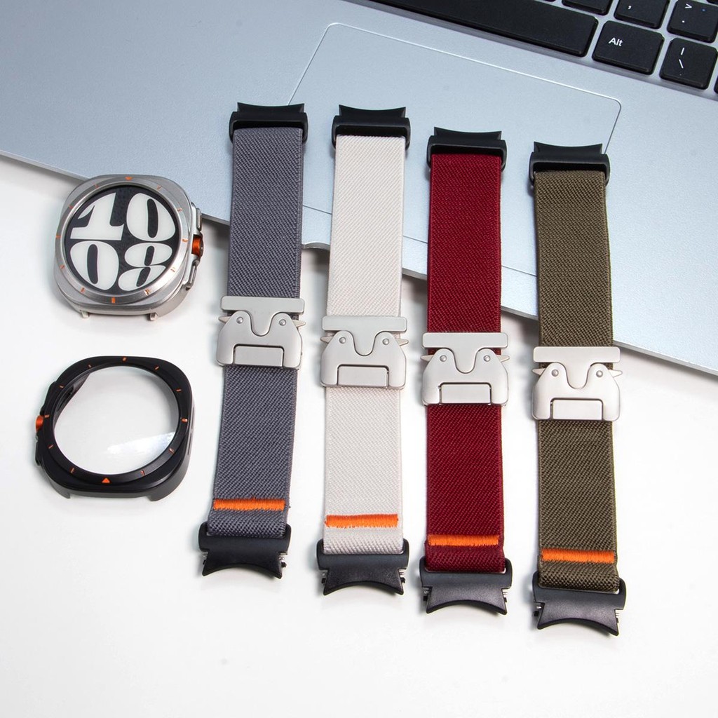 Dây đeo đàn hồi Nylon + Ốp lưng cho Samsung Galaxy Watch 7 6 40mm 44mm Vòng tay khóa dù Thay đổi san