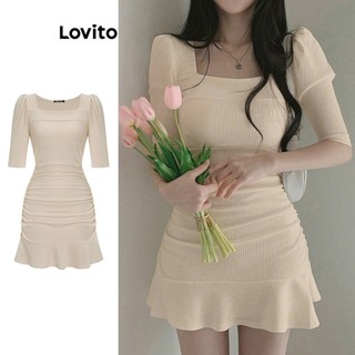 Đầm Lovito tay phồng dây rút xếp nếp chỉ nổi màu trơn thanh lịch cho nữ L62ED160 (màu trắng ngà)