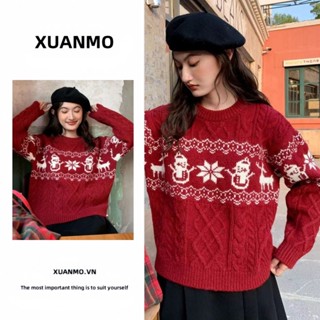 Áo len đỏ giáng sinh Áo len tết Áo len cổ tròn Jacquard cảm giác không khí giáng sinh Áo len dệt kim rộng rãi mẫu mới 2024 thu đông cho nữ