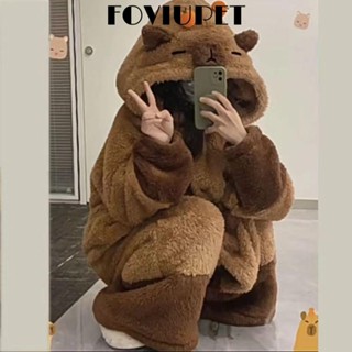 FOVIUPET Váy ngủ , Bộ đồ ngủ lông cừu san hô Capibara + Bộ quần, ấm áp mùa đông dễ thương với kẹp màu cam Quần áo gia đình