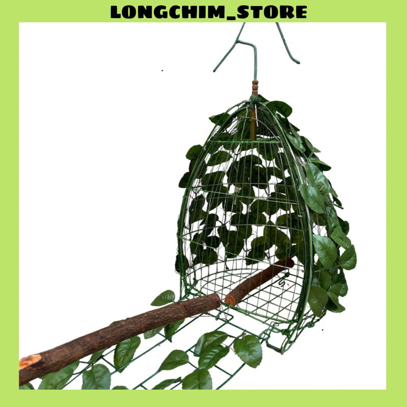 Lồng bẫy lá chim cu gáy chất liệu sắt phun xanh kèm lá cây giả trang trí cao cấp