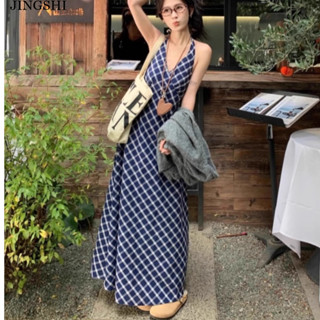 JINGSHI đầm body caro trễ vai dáng dài kiểu pháp váy nữ sang trọng WLQ25401DV 19Z250507