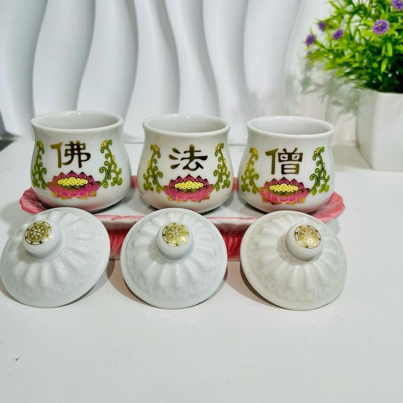 Bộ 3 Ly Nước Phật Pháp Tăng Màu Hồng Sen Hàng Đẹp Cao Cấp