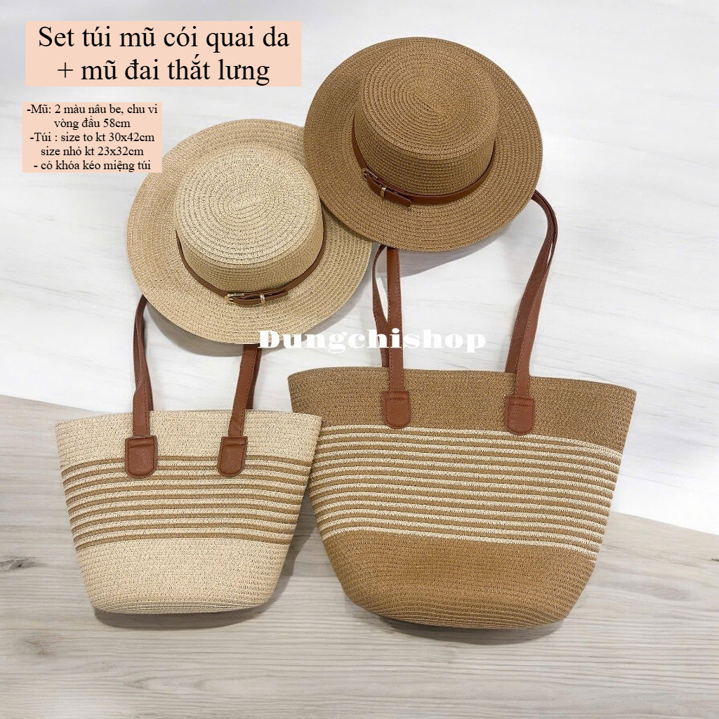 Combo túi cói + mũ cói quai da có khóa kéo tiện lợi | BigBuy360 - bigbuy360.vn