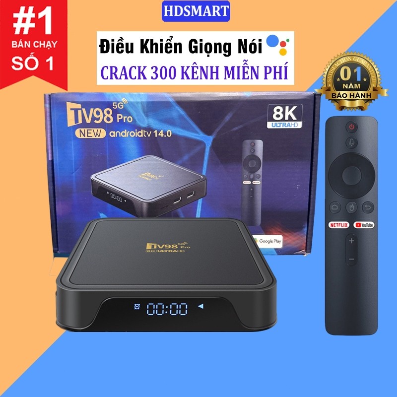 Android Tivi Box Tv98 Pro 2024 Crack Dual Wifi 2.4G và 5G,Ram 4G Rom 32GB khiển giọng nói,Kết nối Bl