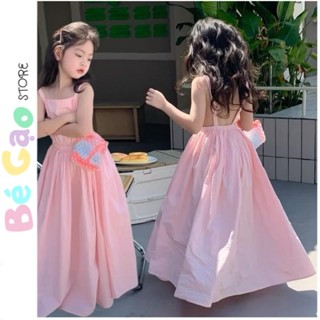 Đầm maxi bé gái hai dây hở lưng siêu đáng yêu cho bé gái phù hợp mặc hè , đầm công chúa bé gái hồng nhạt đáng yêu