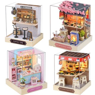 Mô hình nhà lắp ráp bằng gỗ DIY wooden House Series các mẫu Cafe shop Sushi Mì Ramen Kẹo Ngọt,Moon Magic... có mica. 