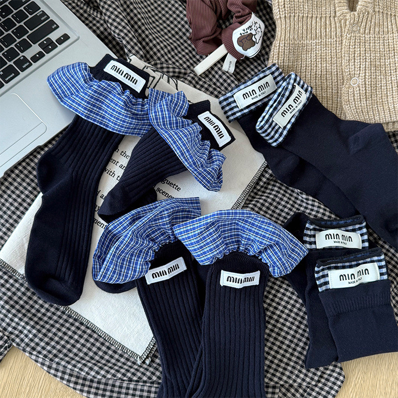 Miu ~ niche Kẻ Sọc Xù Khâu Xanh Navy Lược Cotton Thoải Mái Thoáng Khí Giữa Ống Tất Nữ