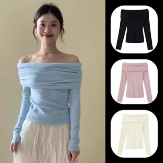 áo sơ mi nữ kiểu áo lưới Áo trễ vai màu xanh nữ áo len dệt kim siêu tiên nữ sang trọng Lệch Vai