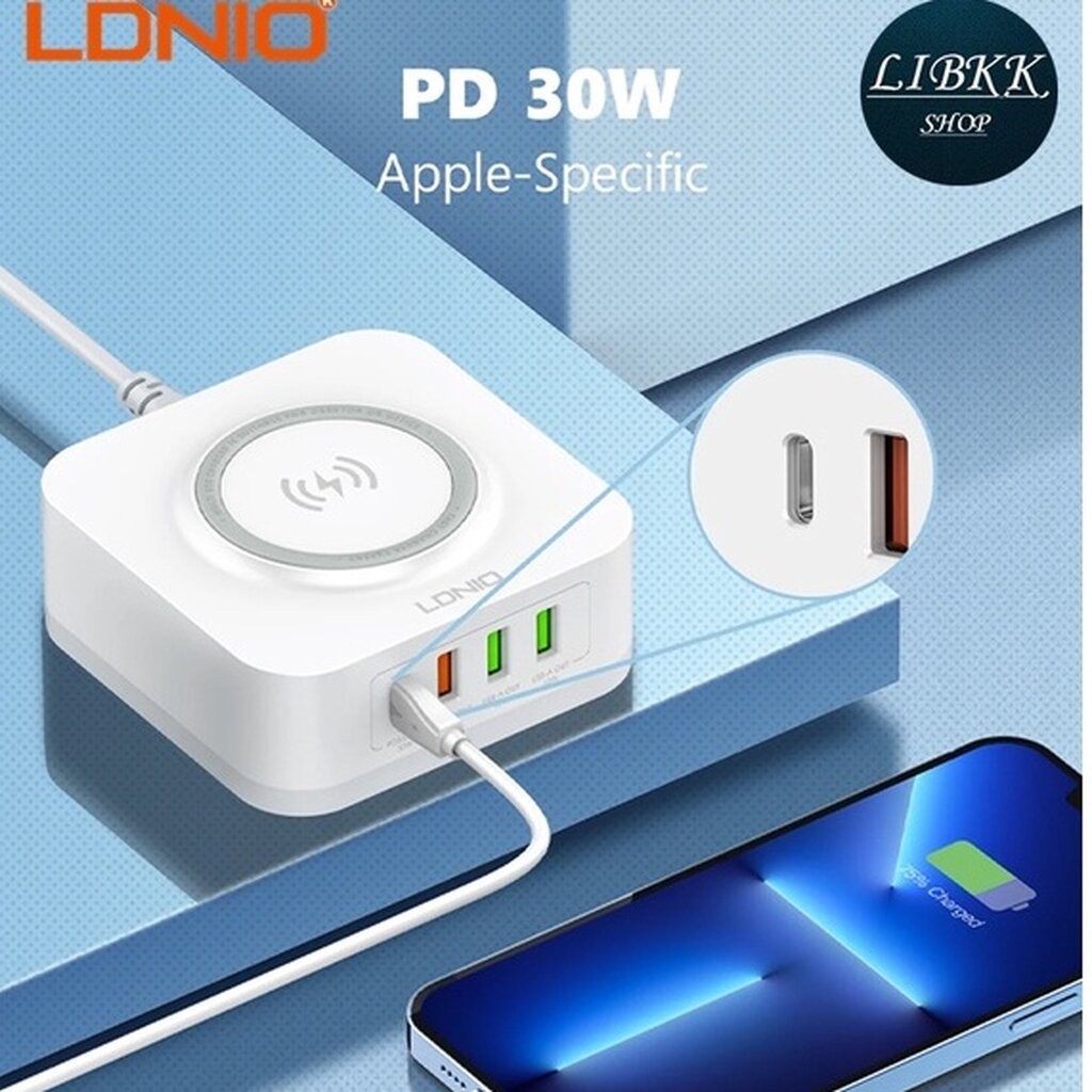 Bộ sạc không dây LDNIO AW004 Thiết kế mới Sạc đi kèm với cổng Usb QC3.0 + Type-C PD Hỗ trợ nhanh lên