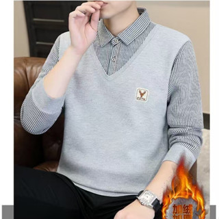  ✨COD✨Mùa Lông Cừu Lót Dày Nam Giả Hai Mảnh Áo Len Một Mảnh Lông Cừu Dệt Kim Áo Sơ Mi Cổ Đáy❤️ 