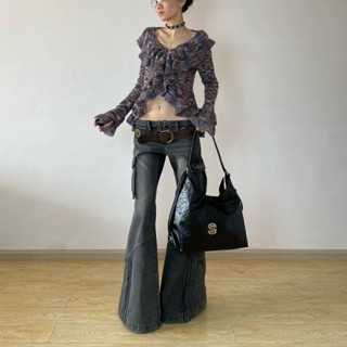  Bán Nóng! Quần jean cá tính F & X Cảm giác thiết kế công nghiệp nặng ba chiều Túi thấp siêu nhỏ quần yếm nữ HOT GIRL kiểu Mỹ Quần Ống Loe giặt 