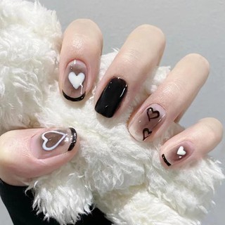Trái Tim Đen Ngắn Đeo Móng Tay Giả Nghệ Thuật Đơn Giản Tình Yêu Móng Tay Acrylic Mài Khắc Giả B4o8