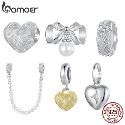 Bamoer 925 Sterling Sliver Charm Dệt Trái Tim Hạt Mặt Dây Chuyền Quà Tặng Phụ Kiện Series DIY Cho Vòng Tay