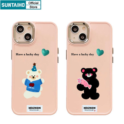 Suntaiho Ngộ nghĩnh Vỏ Độc Đáo Họa Tiết Gấu Cặp Đôi Ốp lưng Cho Iphone 16 15 14 12 13 11 Pro Max IP 7 8 Plus Iphon X Xs XR Xs Max Silicon Mềm Cao Cấp Chống Sốc Ốp Lưng