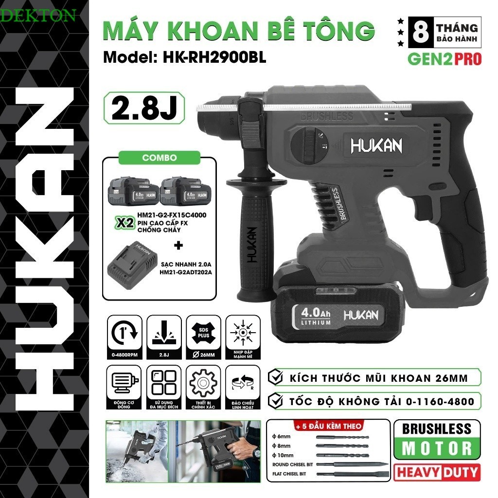 Máy khoan đục bê tông pin HUKAN HK-RH2900BL, Không chổi than 3 Chức DEK.TON