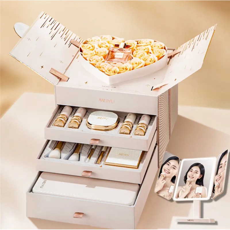 Bộ Quà Tặng Trang Điểm 4 tầng MEIYU, Quà tặng bạn gái, người yêu đầy đủ 12 món kèm Hoa sáp Trái Tim 