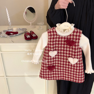 Bộ quần áo bé gái mùa đông Váy dày kẻ sọc trái tim đỏ 0-3 tuổi