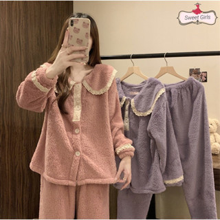 Bộ Đồ Ngủ Thu Đông Hàn Quốc Lông Cừu San Hô Dày Ấm Áp Flannel Quần Áo Nhà Phù Hợp Với