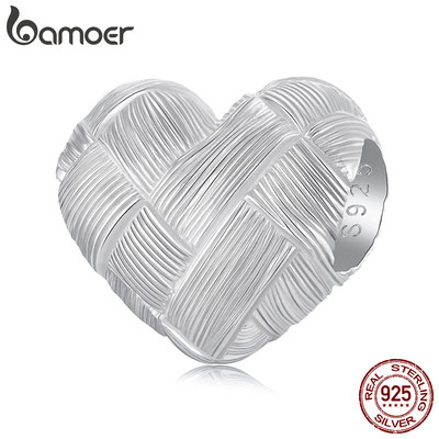 Bamoer 925 Sterling Sliver Charm Dệt Trái Tim Hạt Mặt Dây Chuyền Quà Tặng DIY Cho Vòng Tay