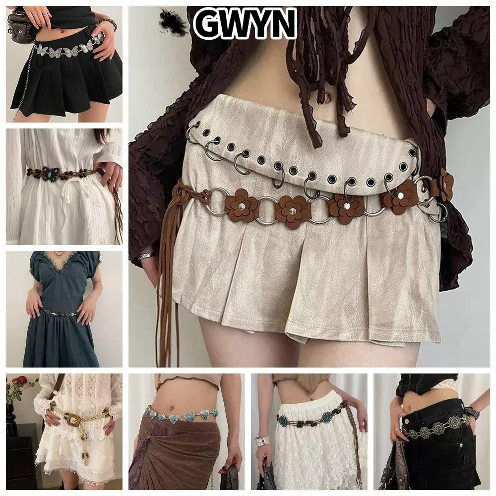 GWYN‌ Dây Thắt Lưng, Dây Hợp Kim Bohemian Thắt Lưng Bướm Vintage Y2K Hoa Bohemian Thắt Lưng Đi Biển 