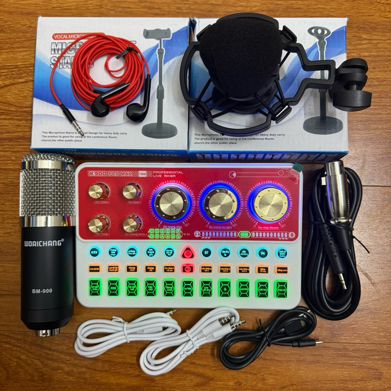 Siêu Phẩm 2025 Combo Mic BM900 huyền thoại và sound card K900 PRO MAX tai nghe kẹp mic kẹo điện thoạ