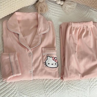 Bộ đồ ngủ kiểu mới Mèo HelloKitty nhung Instagram đơn giản quần dài mùa thu đông cho nữ Bộ đồ mặc nhà dài tay