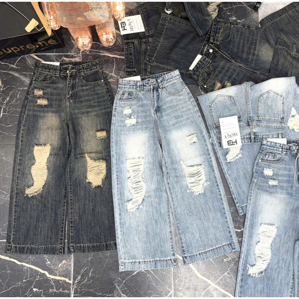 Quần bò jean nữ dáng dài 90cm ống suông rách 3101 Pants Ong Women