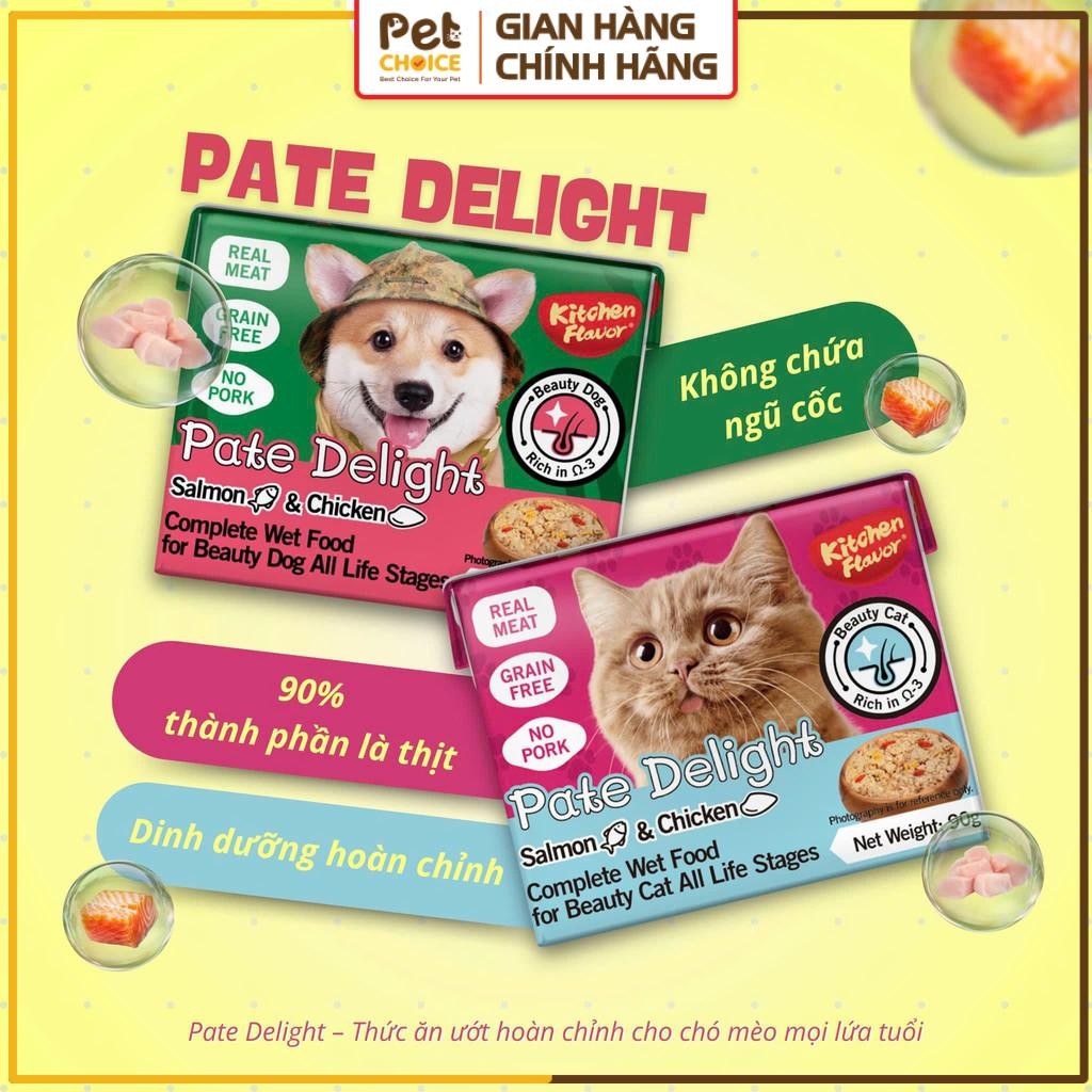 Pate cho chó mèo cao cấp, Pate Delight cá hồi và gà Kitchen Flavor thức ăn cho mọi lứa tuổi 90g