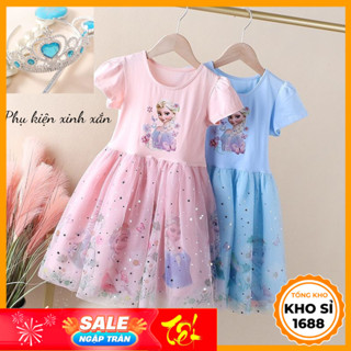 Váy Elsa Cho Bé Gái Đầm Công Chúa Elsa Ngắn Tay In Họa Tiết Công Chúa Băng Giá Elsa, Quà Noel Kho Sỉ 1688 E1785