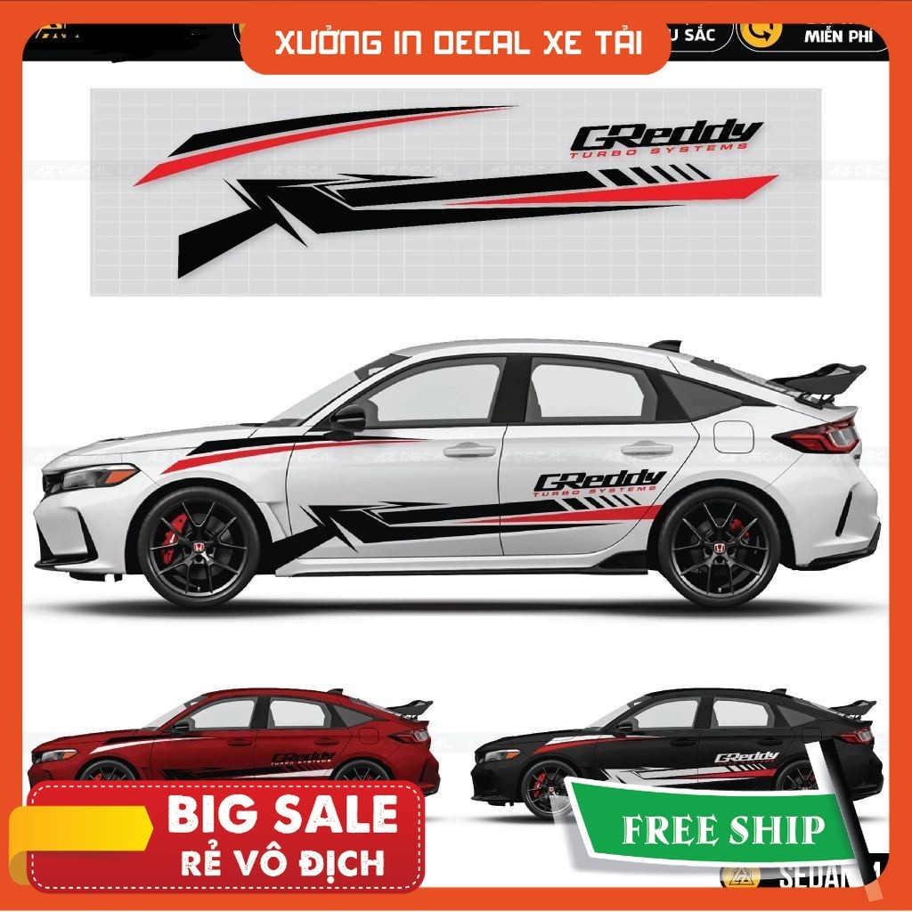 Tem decal Ô tô Greddy 3 màu dán xe - tem dán sườn xe ô tô
