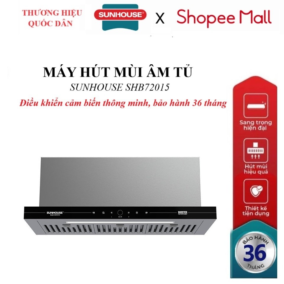 Máy hút mùi SUNHOUSE SHB72015, Điều khiển cảm biến thông minh, Lưới lọc inox 430 bền bỉ, Bảo hành tại nhà 36 tháng