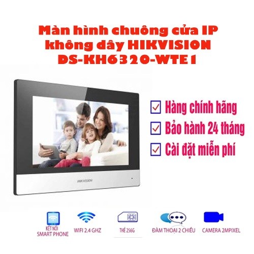 Màn hình chuông cửa Hikvision DS-KH6320-WTE1, màn hình LCD cảm ứng 7" kết nối WiFi/PoE, Hik-Connect