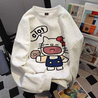Áo Sweater nỉ Fashmily 100% Cotton Hello Kitty Nam Nữ Áo Len Unisex Rộng Dày Hàn Quốc Mùa Đông Dài Tay Màu Xám