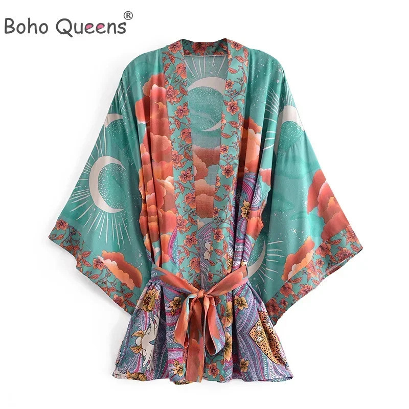 Boho Nữ Hoàng Nữ Họa Tiết Hoa Tay Dơi Đi Biển Bohemian kimono Váy Nữ Cổ Chữ V Rayon Cotton Áo Ngắn k
