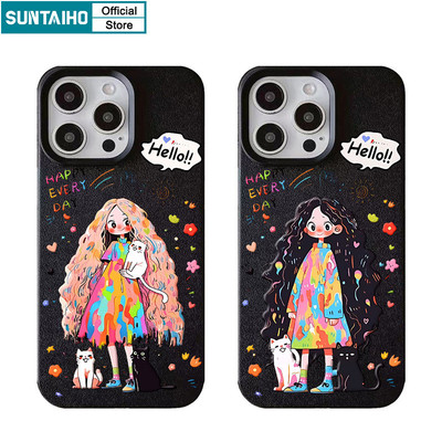 Suntaiho Ngộ nghĩnh Vỏ Độc Đáo Hoạt Hình Họa Tiết Mèo Cô Gái Ốp lưng Cho Iphone 16 15 14 13 12 11 Pro Max IP 7 8 Plus Iphon X Xs XR Xs Max Silicon Mềm Cao Cấp Chống Sốc Ốp Lưng