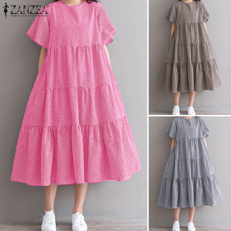 Đầm kẻ sọc dáng rộng cổ tròn ngắn tay ZANZEA dành cho nữ Hàn Quốc | BigBuy360 - bigbuy360.vn