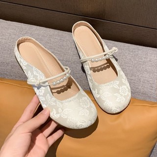  Dép sục bít mũi phong cách Trung Quốc khí chất đế bằng DAXINGZHE Giày một lớp đế nửa Mary Jane đi bên ngoài cho nữ 