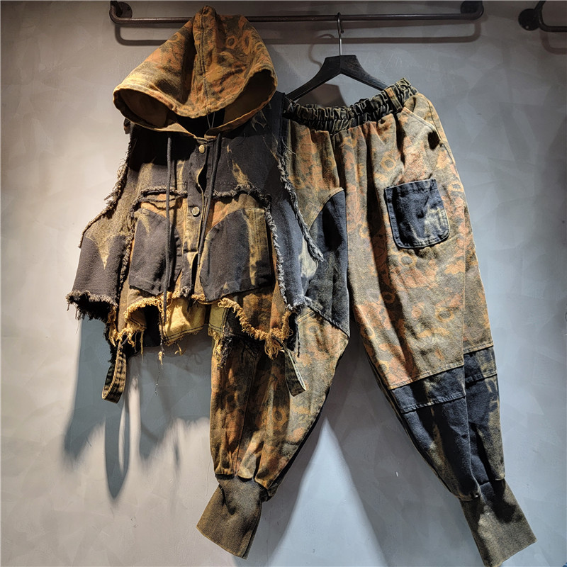 Cool Personality Distressed Printed Stitching Denim Hooded Vest Harem Pants Two-Piece Set Women's Au